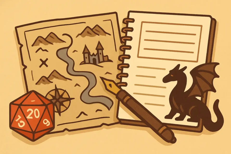 Mapa de fantasia com dado D20, caderno espiral, pena e miniatura de dragão representando criação de conteúdo com SRD 5.2