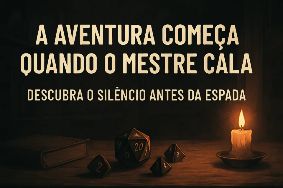 Mesa de RPG com vela acesa, dados e livro ao lado da frase "A aventura começa quando o mestre cala