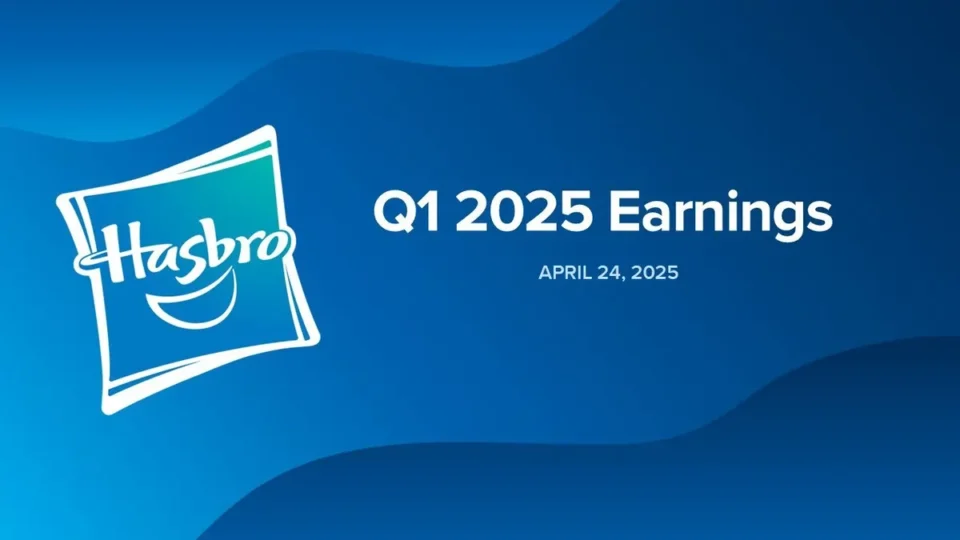 Tela de apresentação da Hasbro com fundo azul, exibindo o título “Q1 2025 Earnings” e a data 24 de abril de 2025.