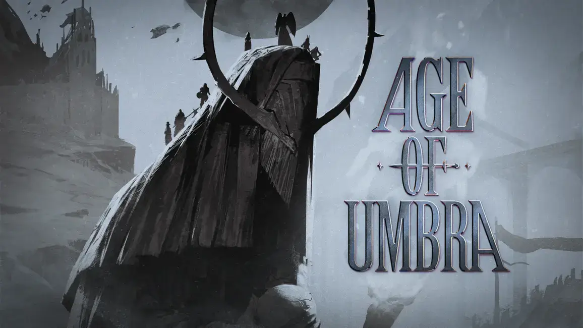 Arte promocional sombria da série Age of Umbra com figuras encapuzadas e lua ao fundo