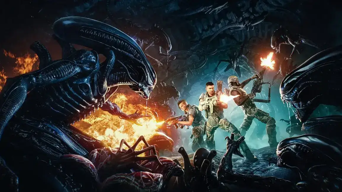 Soldados armados enfrentam um ataque de xenomorfos em ambiente alienígena hostil com chamas e escuridão.