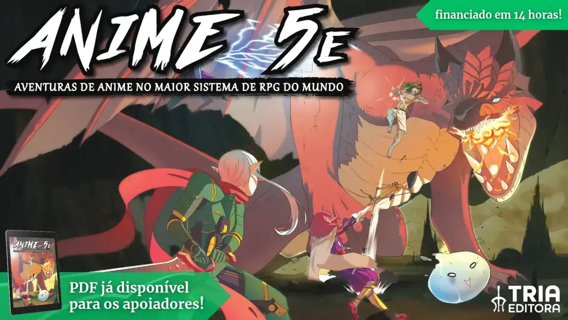 Banner de divulgação do RPG Anime 5E com destaque para o PDF já disponível e personagens enfrentando um dragão.