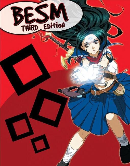 Capa da terceira edição do RPG BESM, com personagem de anime em uniforme escolar canalizando energia mágica em fundo vermelho.