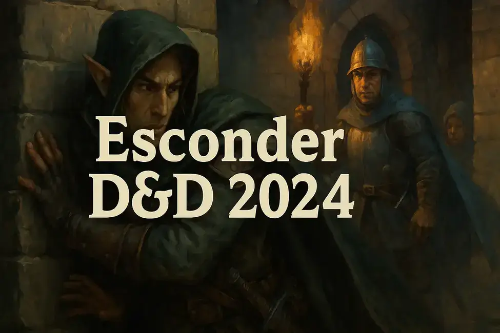 Elfo com capuz escondido na sombra de um corredor de pedra, observando guardas com tochas em uma cena de D&D 2024.
