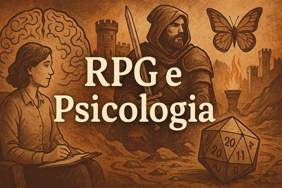 Ilustração de uma psicóloga com um caderno, observando um guerreiro medieval com espada, um cérebro simbólico ao fundo, um dado de RPG e um castelo em chamas. Arte em tom sépia com o título “RPG e Psicologia”.