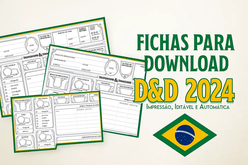 Ficha de personagem de D&D 2024 para download em PDF, com campos editáveis e prontos para impressão.