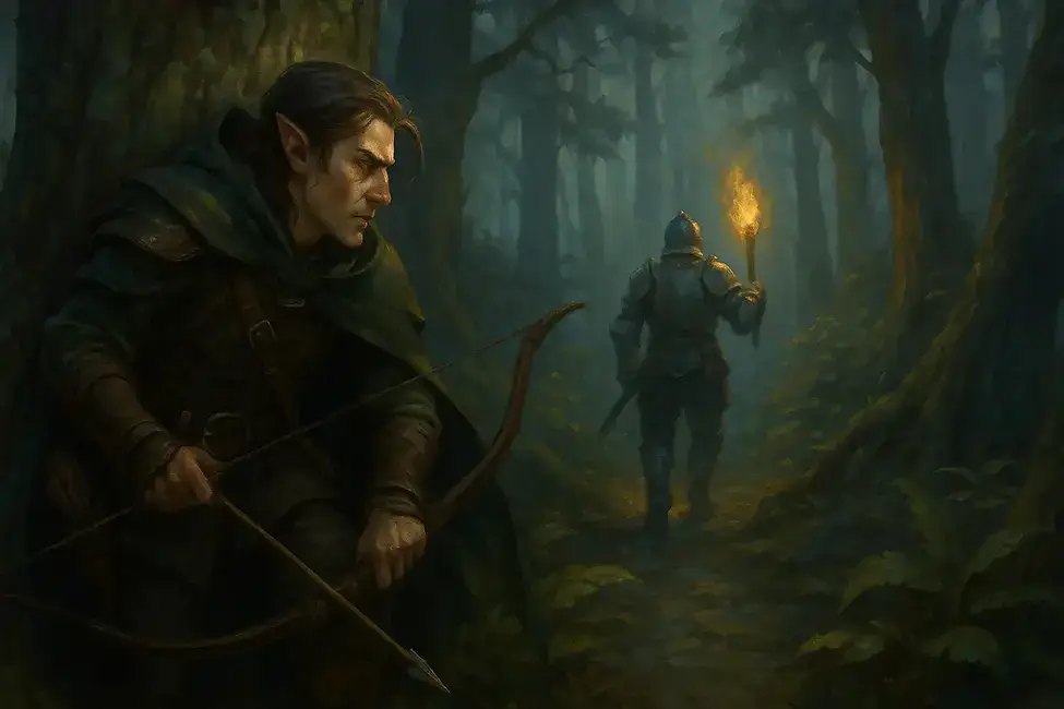 Elfo arqueiro se esconde atrás de árvore em floresta densa enquanto observa guarda com armadura e tocha, em cenário de D&D 2024.