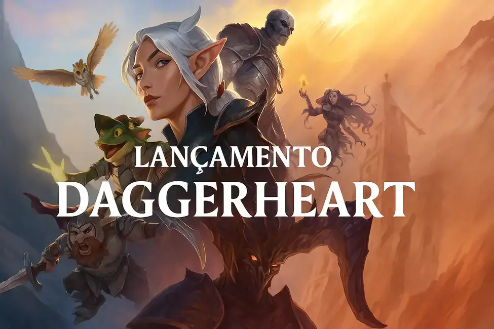 Arte épica de Daggerheart com elfa, criatura sombria e o texto Lançamento Daggerheart