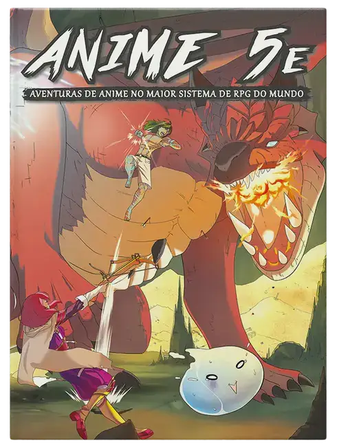 Capa oficial do livro Anime 5E com personagens enfrentando um dragão e um slime em destaque no canto inferior.