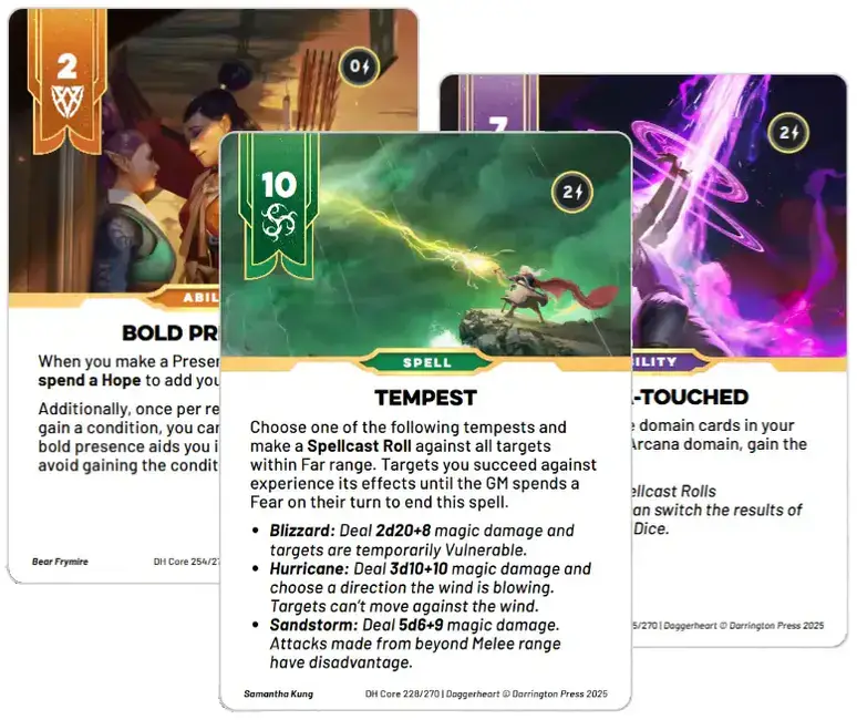 Três cartas do RPG Daggerheart com habilidades, feitiços e ilustrações coloridas