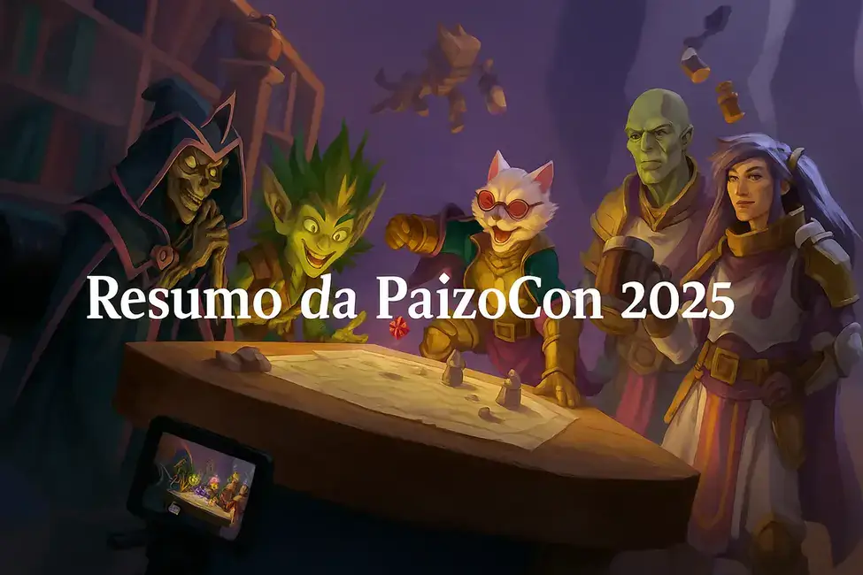 Ilustração de personagens fantásticos jogando RPG em mesa, usada como destaque do resumo da PaizoCon 2025