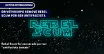 Imagem com fundo estelar e o título “Rebel Scum” em neon azul. Destaque para a manchete: “DriveThruRPG remove Rebel Scum por ser antifascista”.
