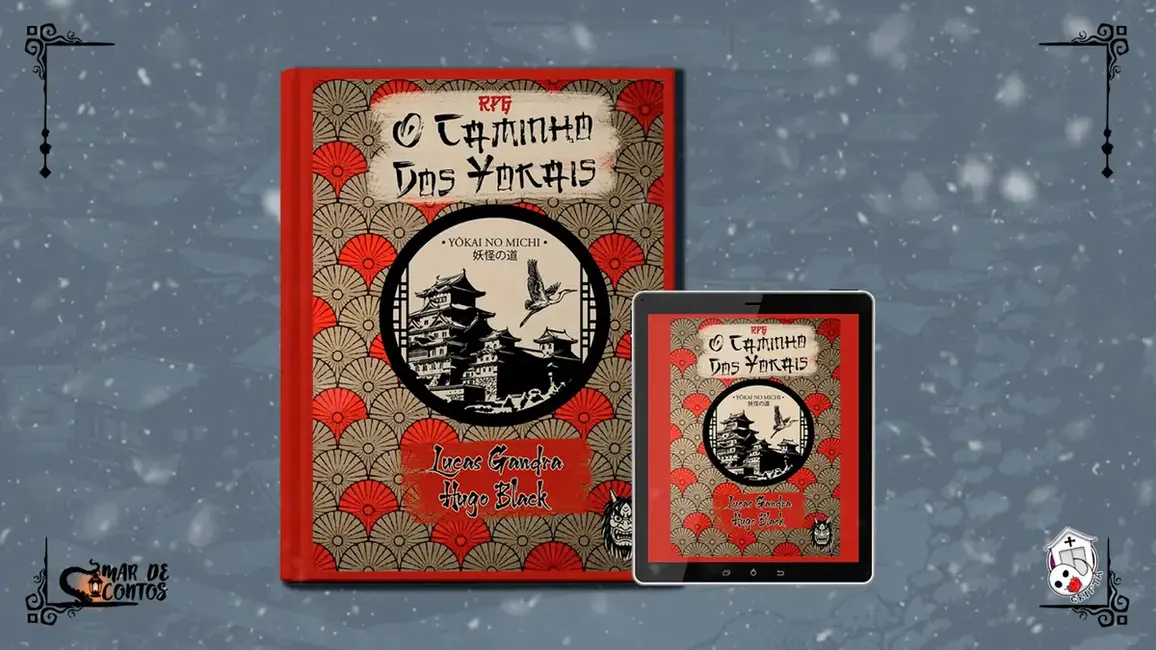 Livro físico e versão digital do RPG O Caminho dos Yōkais com estética japonesa tradicional