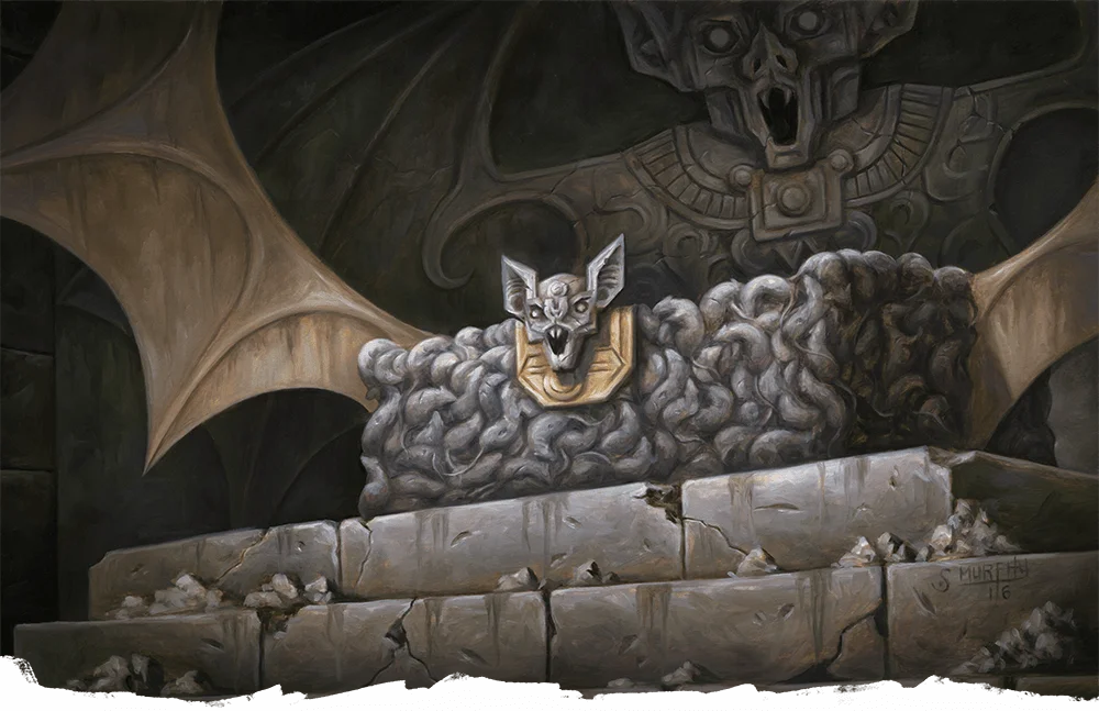 Representação do altar de Camazotz em Tamoachan, Dungeons & Dragons 5ª edição, com asas metálicas e rosto esculpido.