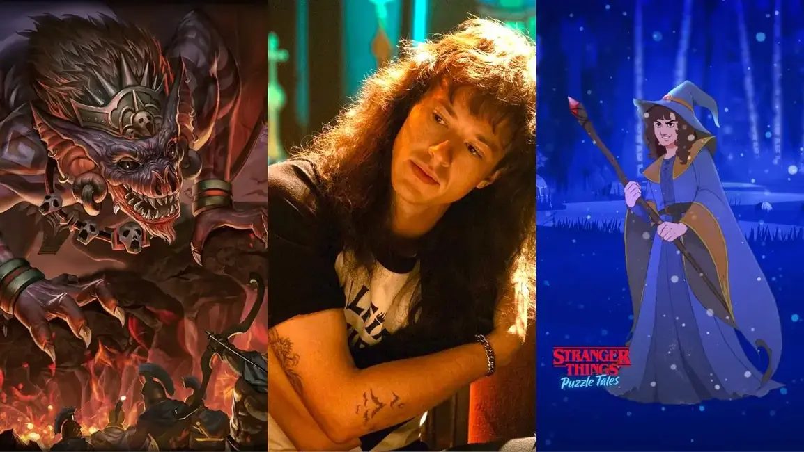 Arte de Camazotz em Dungeons & Dragons, Eddie Munson na 4ª temporada de Stranger Things e Eddie como mago no game Puzzle Tales.