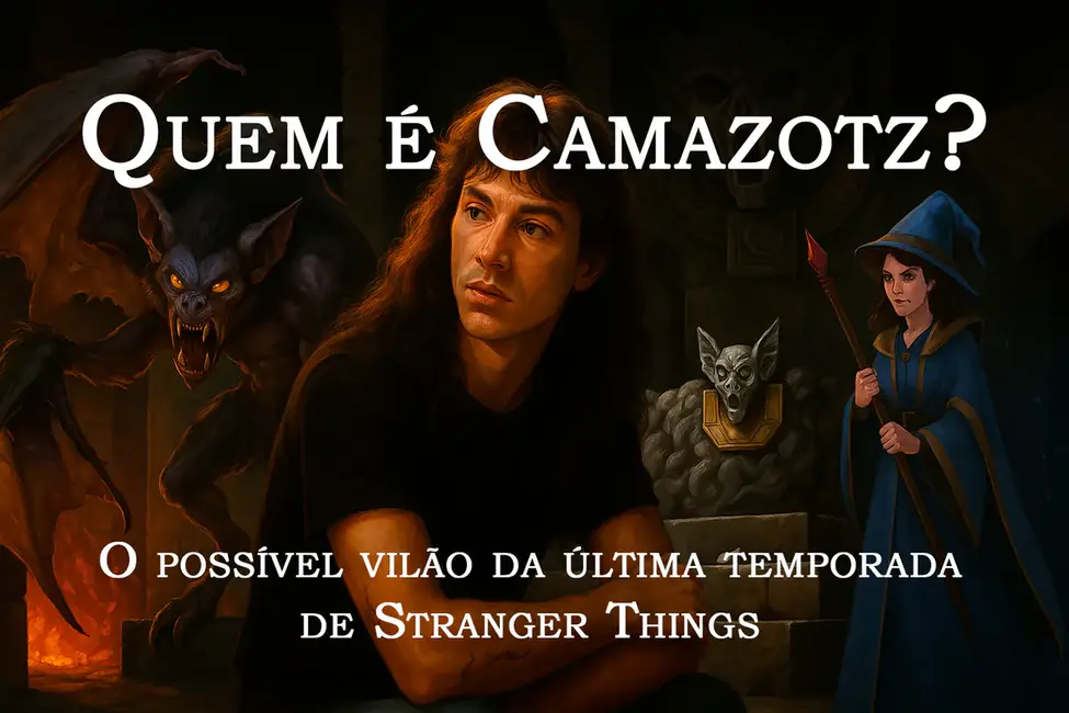 Montagem com Camazotz, Eddie Munson e uma feiticeira, ilustrando o possível papel de Camazotz em Stranger Things 5