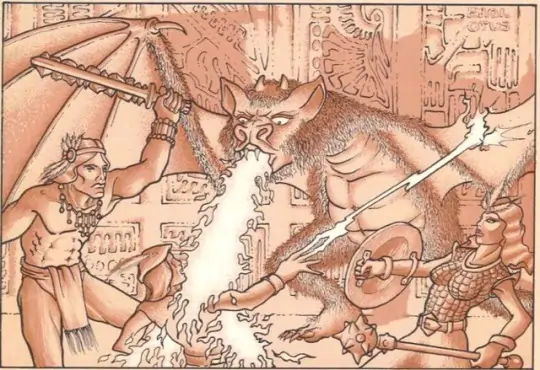 A batalha contra um servo de Camazotz no módulo AD&D C1: The Hidden Shrine of Tamoachan, arte de Erol Otus.