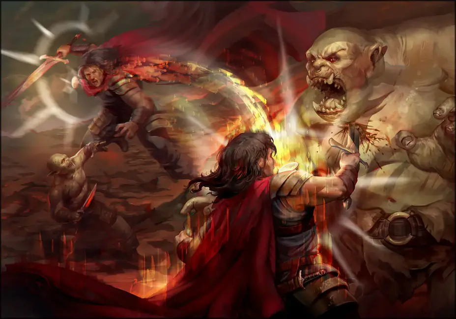 Combate intenso entre heróis e ogros em Shadow of the Weird Wizard, com magia e ação explosiva