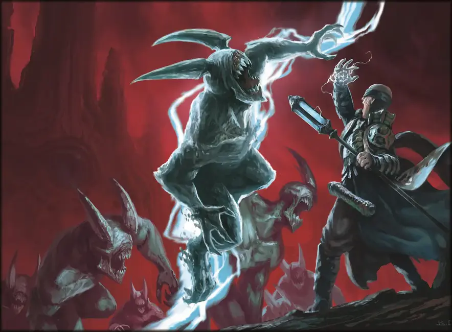 Confronto entre magista e demônios em cenário sombrio de Shadow of the Weird Wizard