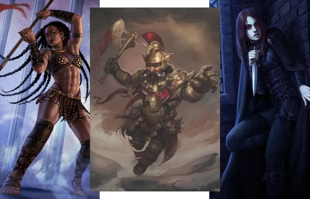 Três personagens de Shadow of the Weird Wizard com estilos e trilhas distintas: guerreira tribal, anão guerreiro e ladina sombria