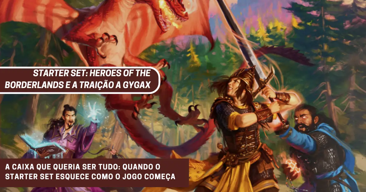 Capa do artigo sobre o Starter Set Heroes of the Borderlands, com heróis enfrentando um dragão vermelho em floresta vibrante