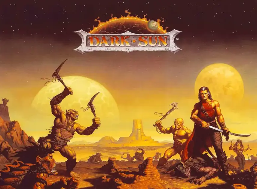 Capa clássica de Dark Sun com guerreiros em combate no deserto sob dois sóis, cenário que inspira as Subclasses Apocalípticas.