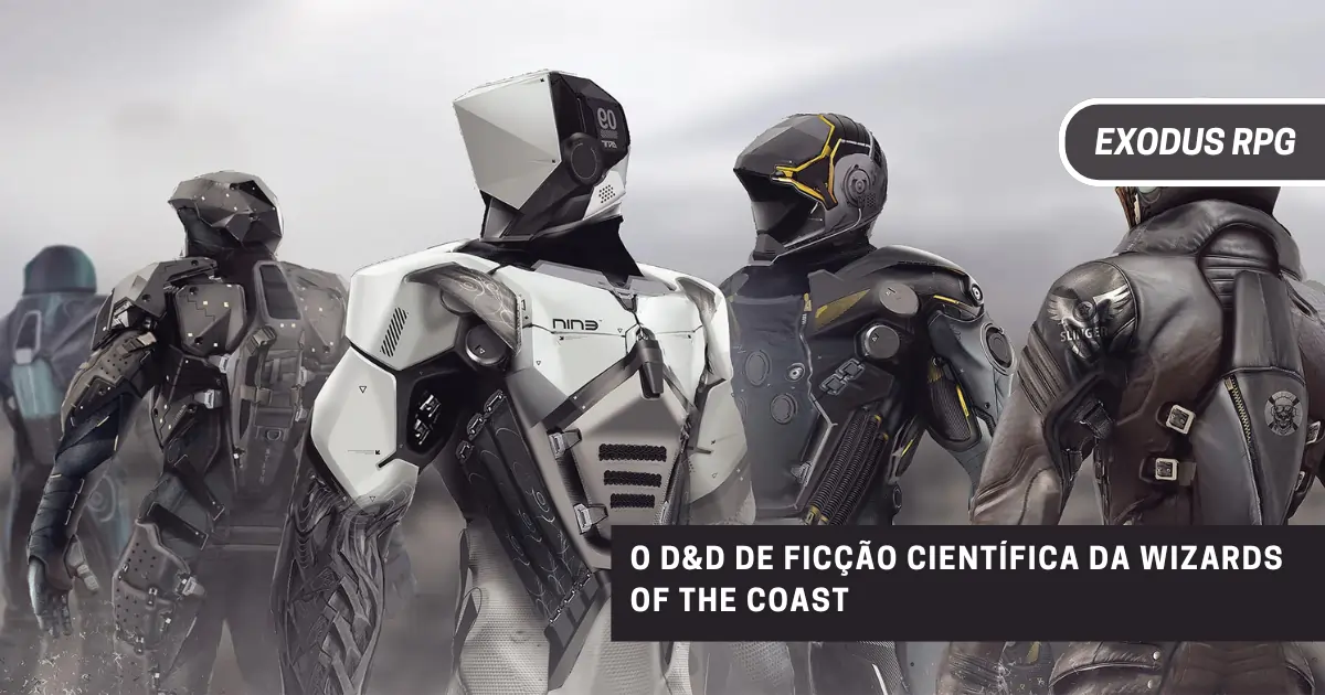 Personagens de Exodus RPG em armaduras high-tech diante de cenário futurista.