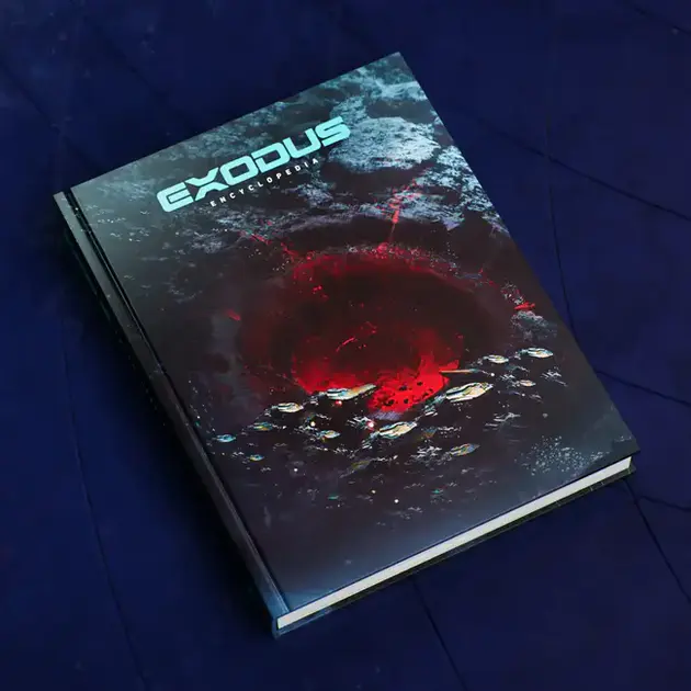 Capa do livro Exodus RPG Encyclopedia com arte de fenda cósmica vermelha.