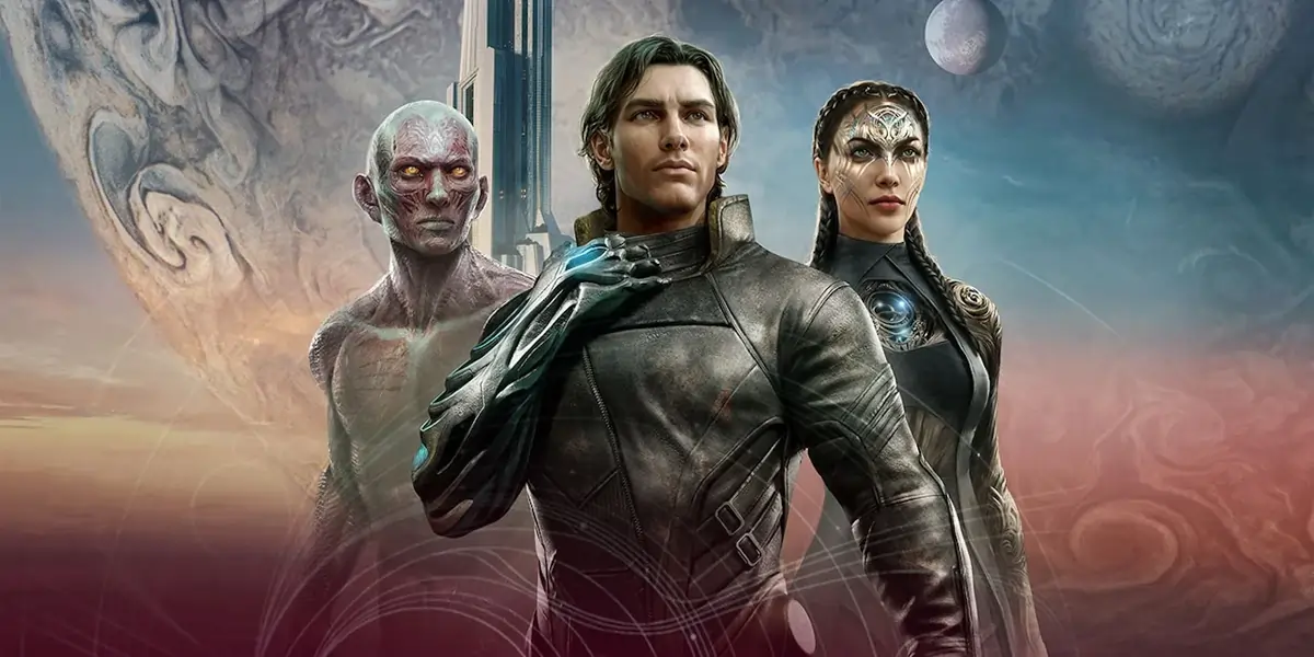 Personagens principais de Exodus RPG diante de cenário espacial futurista.