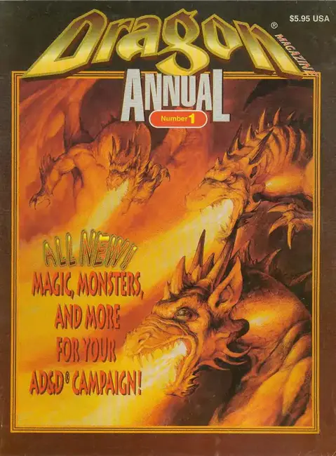 Capa da Dragon Magazine Annual #1 com dragões cuspindo fogo, evocando como interpretar um dragão em campanhas clássicas de AD&D