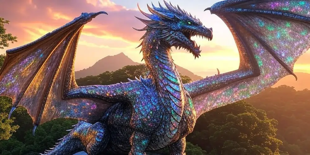 Dragão geminado reluzente em meio à floresta, ideal para quem quer interpretar um dragão como entidade cósmica e majestosa