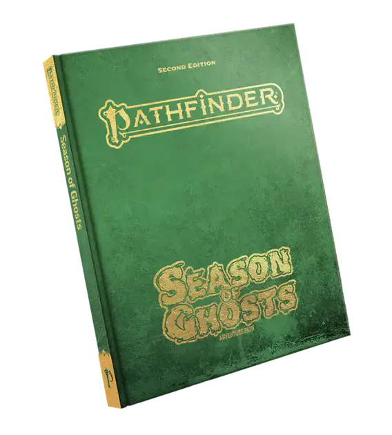 Livro verde deluxe e capa ilustrada padrão da compilação Season of Ghosts para Pathfinder 2E.