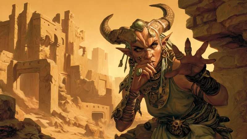 Personagem com chifres em ruínas desérticas, evocando o cenário de Dark Sun em Dungeons & Dragons.